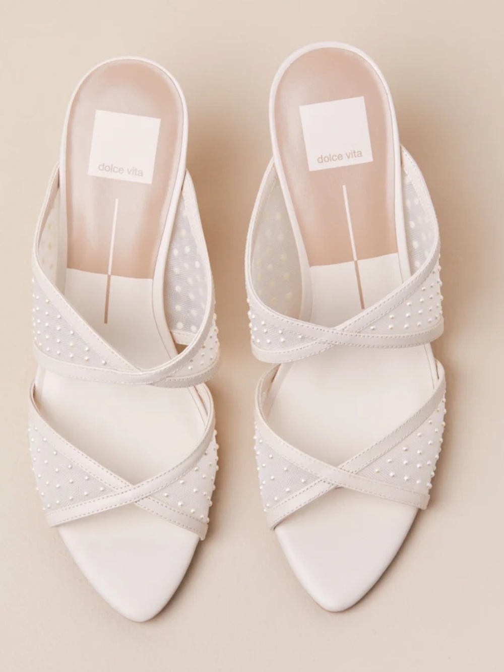 Wedding heels Dolce Vita Ivory Pearl-Embellished Mesh Mules